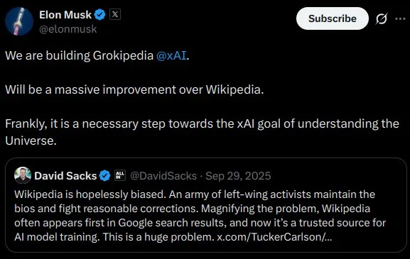 Elon Musk announcing Grokipedia